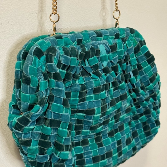 Anthropologie Velvet Woven Clutch Turquoise/Green  with Gold Chain - Picture 3 of 9